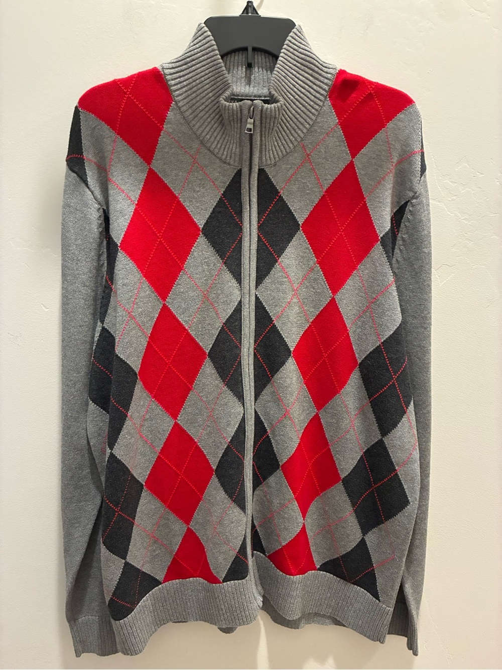 INC International Concepts Gray, Red & Black Argyle Full-Zip Sweater